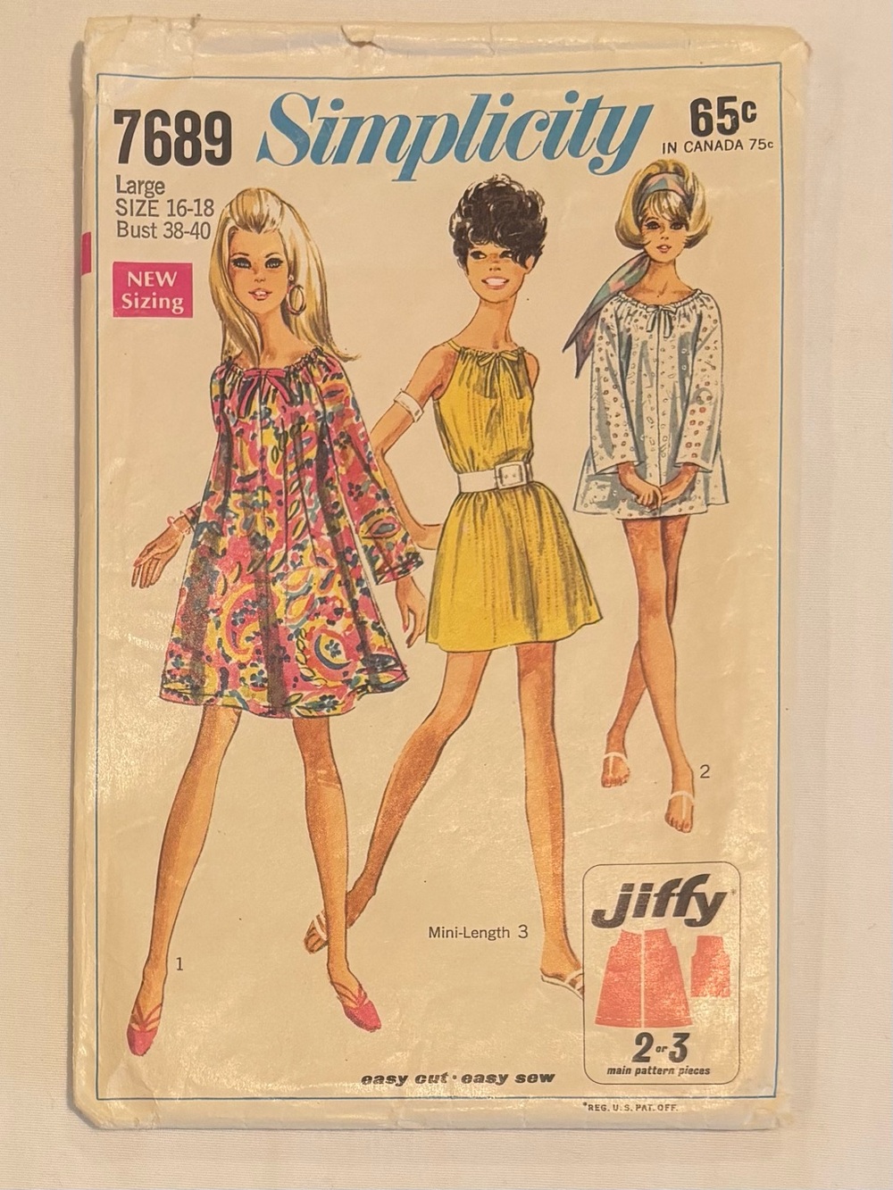 Vintage 60s Simplicity 7689 Jiffy A-Line Dresses/Top Sewing Pattern Large 16-18